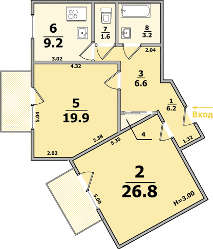 Планировки: 2-Комнатные, 6-ти этажные дома (2 балкона)
